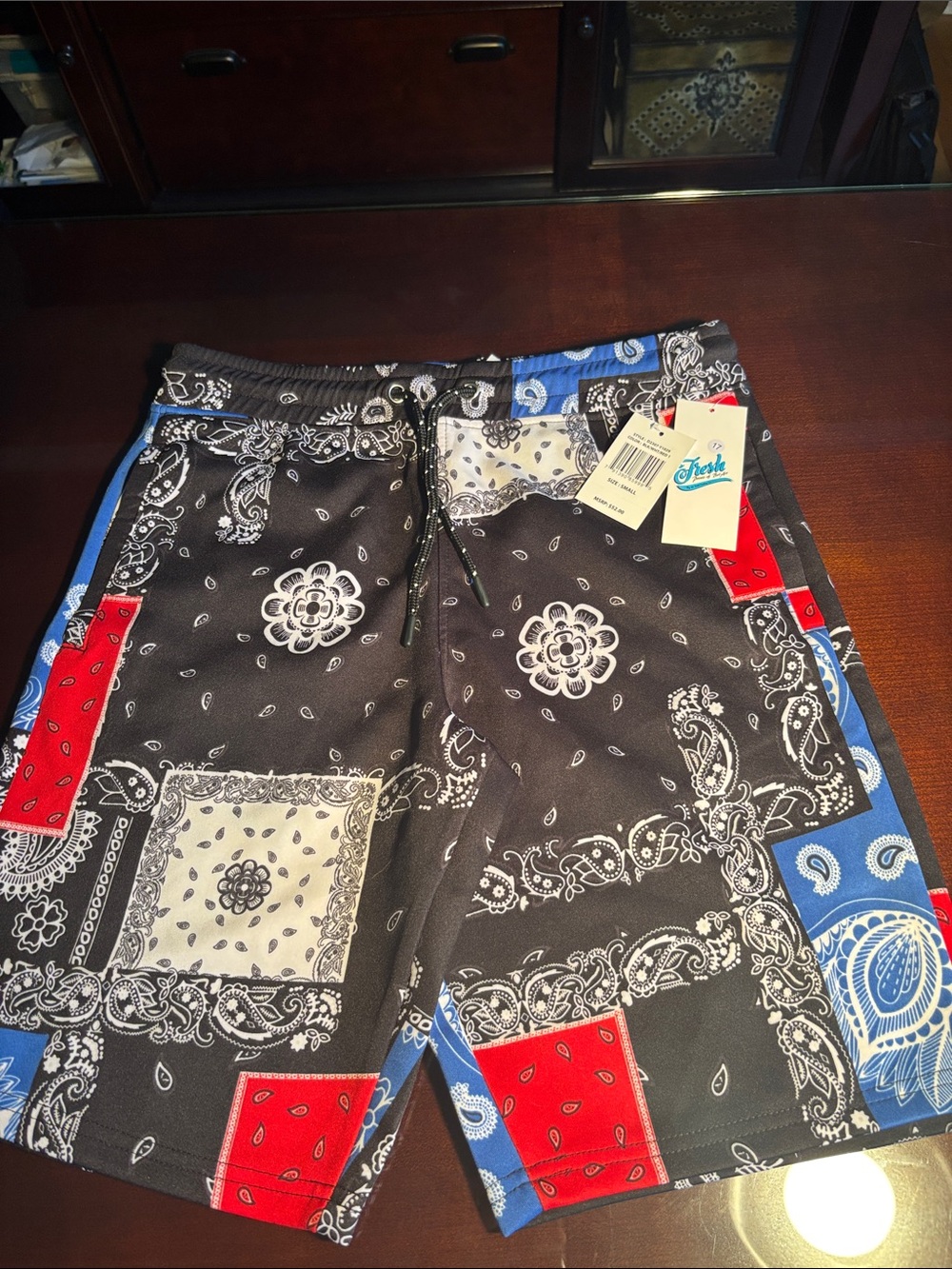 Black Bandana board Shorts with Red & Blue Accents